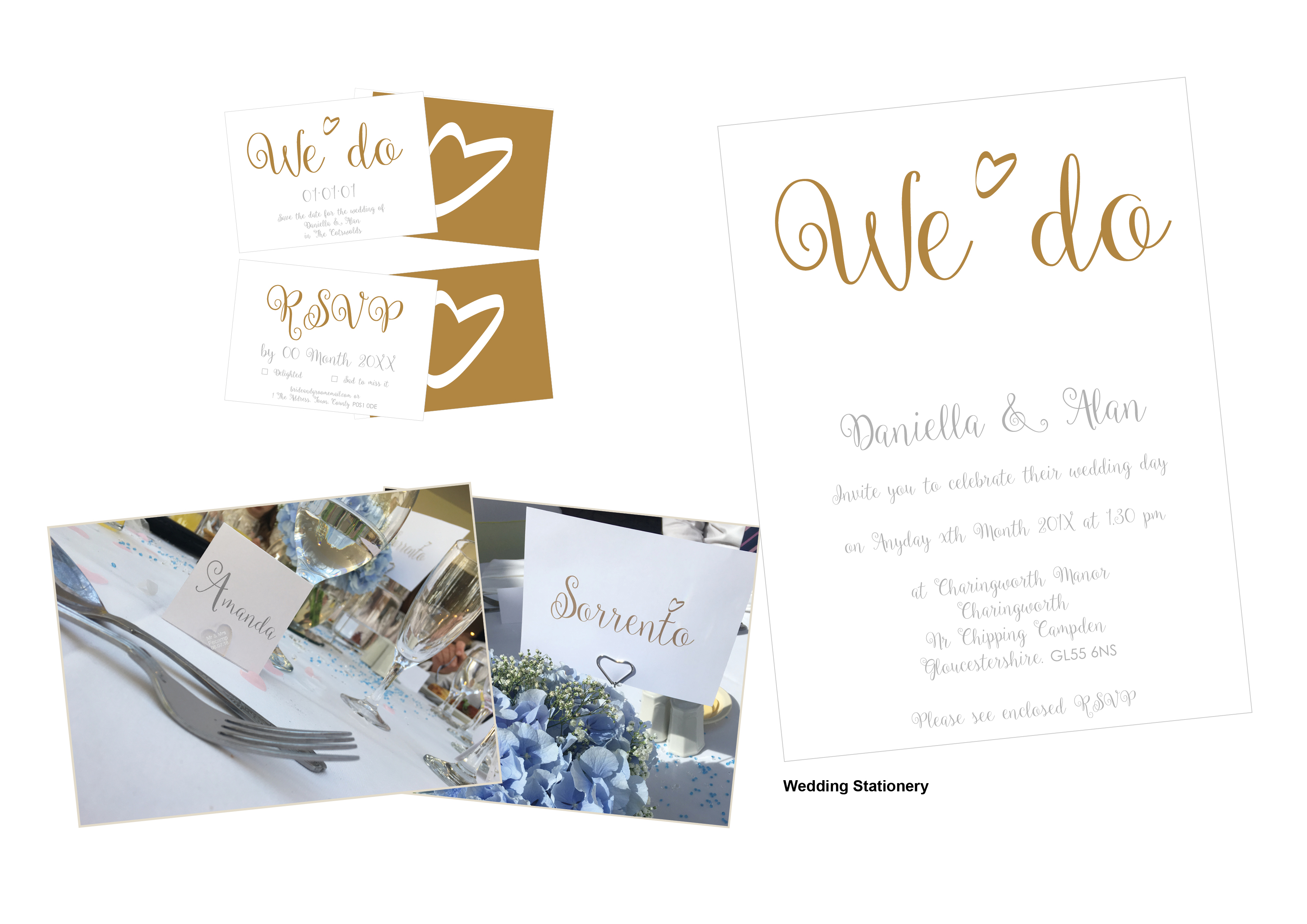 Wedding Invitations, Save the Date, RSVP Cards, Memories Banner, Place Cards, Table Name signs, Table Plan