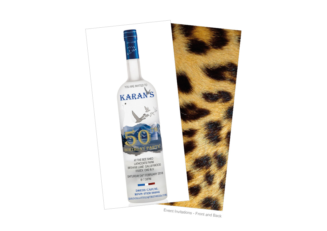 50th Birthday Invitations on Greygoose Vodka Bottle with leopardskin back